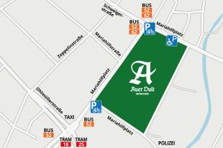 DIe Anfahrtskarte für die Auerdult 2024 mit Behindertenparkplätzen, Bus- und Tramhaltestellen und Fahrradparkplätzen